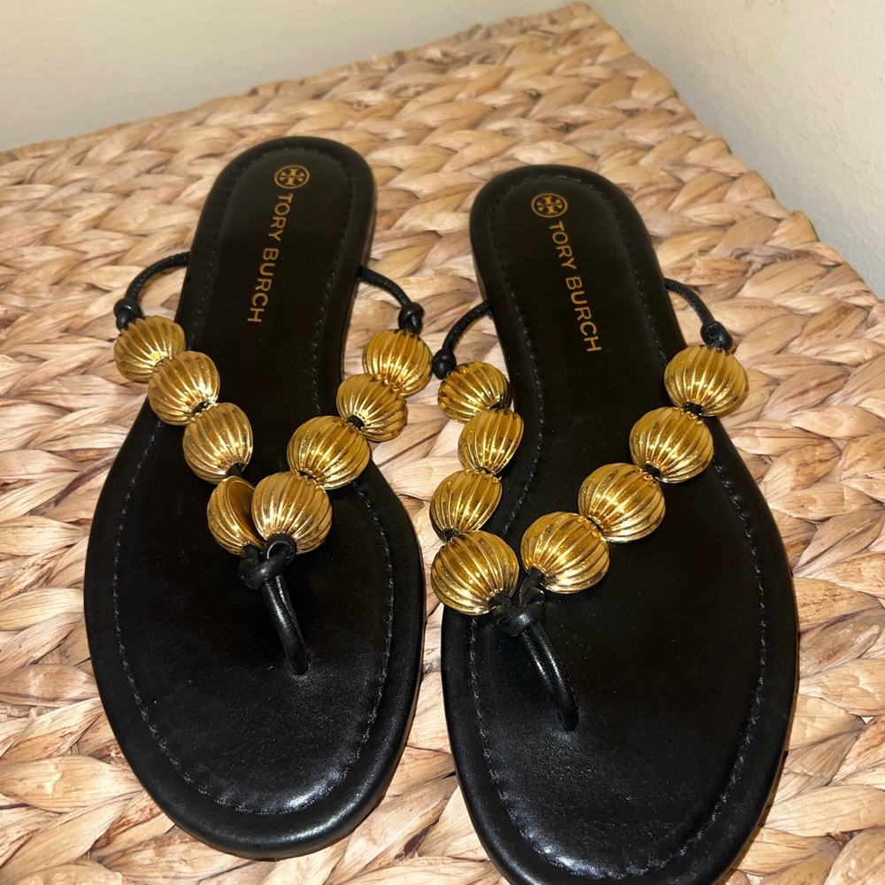Tory Burch Beaded Calf Leather Black Sandals